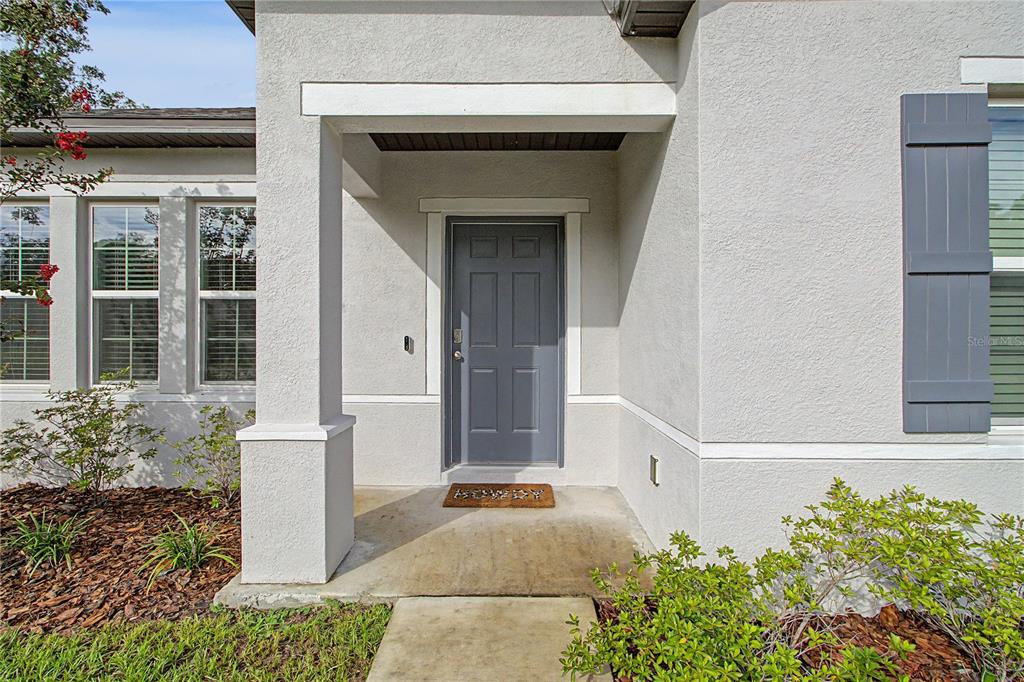 A gray front door is centered under a covered entryway with white stucco walls — 14557 CEDARWOOD AVENUE, WEEKI WACHEE, FL