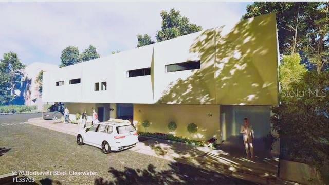 A digital rendering shows the exterior of a modern two-story building with a white car — 5670 ROOSEVELT BOULEVARD UNIT #4, CLEARWATER, FL