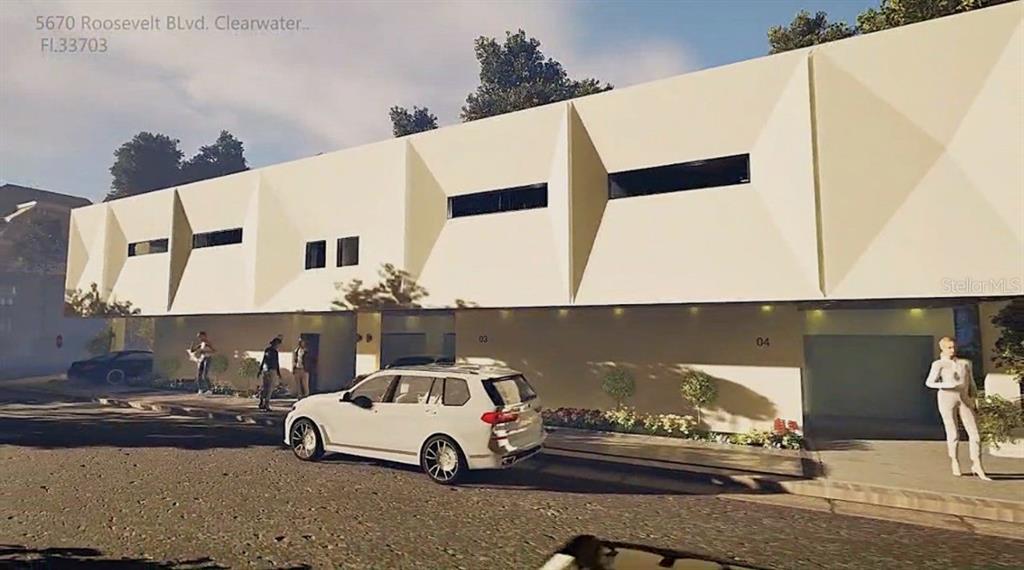 This is a digital rendering of a modern two-story building exterior with a white facade — 5670 ROOSEVELT BOULEVARD UNIT #4, CLEARWATER, FL