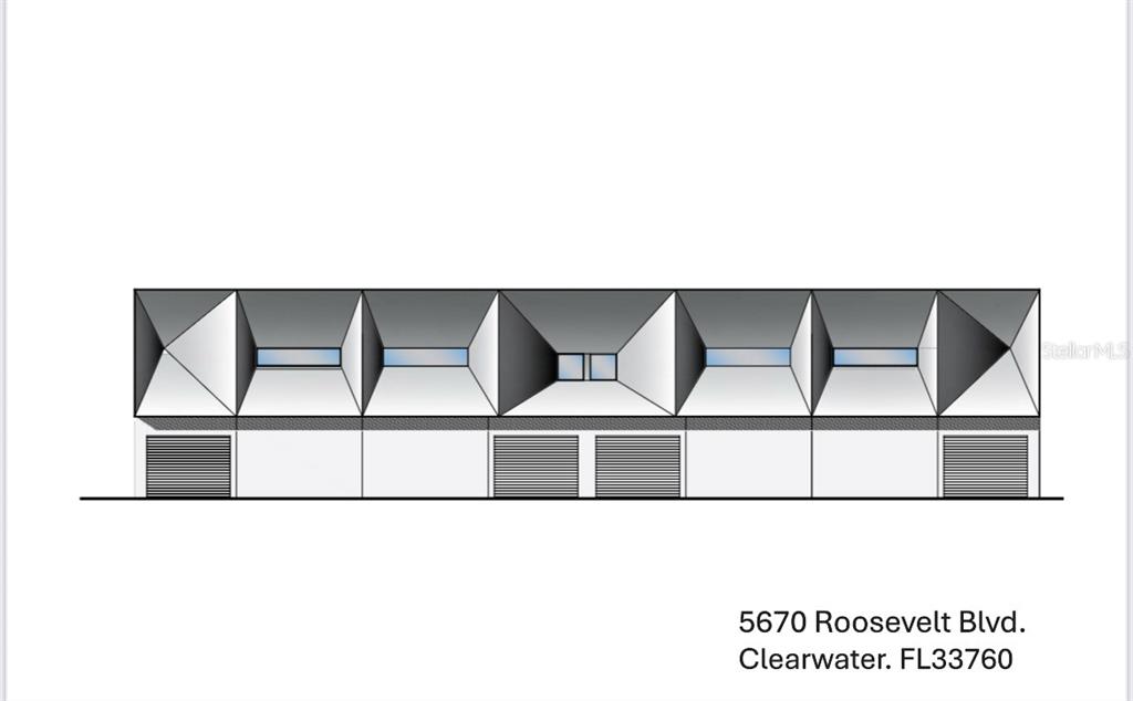 This architectural rendering shows the exterior facade of a modern building with multiple garage bays — 5670 ROOSEVELT BOULEVARD UNIT #4, CLEARWATER, FL