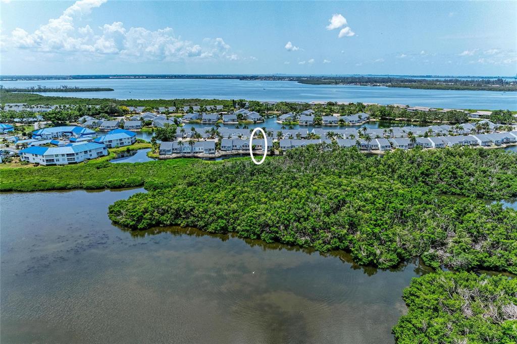 An aerial view shows a residential complex surrounded by dense mangroves and a large bay — 1218 SPOONBILL LANDINGS CIR, BRADENTON, FL