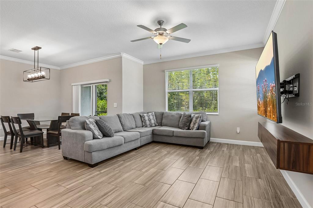A living room features a grey sectional sofa, wood-look tile flooring, and a wall-mounted television — 17448 RADIANT SHINE WAY, LUTZ, FL