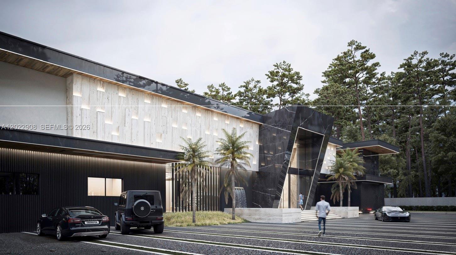 This architectural rendering shows a modern luxury building with a black marble entrance and driveway — 12085 SW 47th St, Miami FL 33175, MIAMI, FL