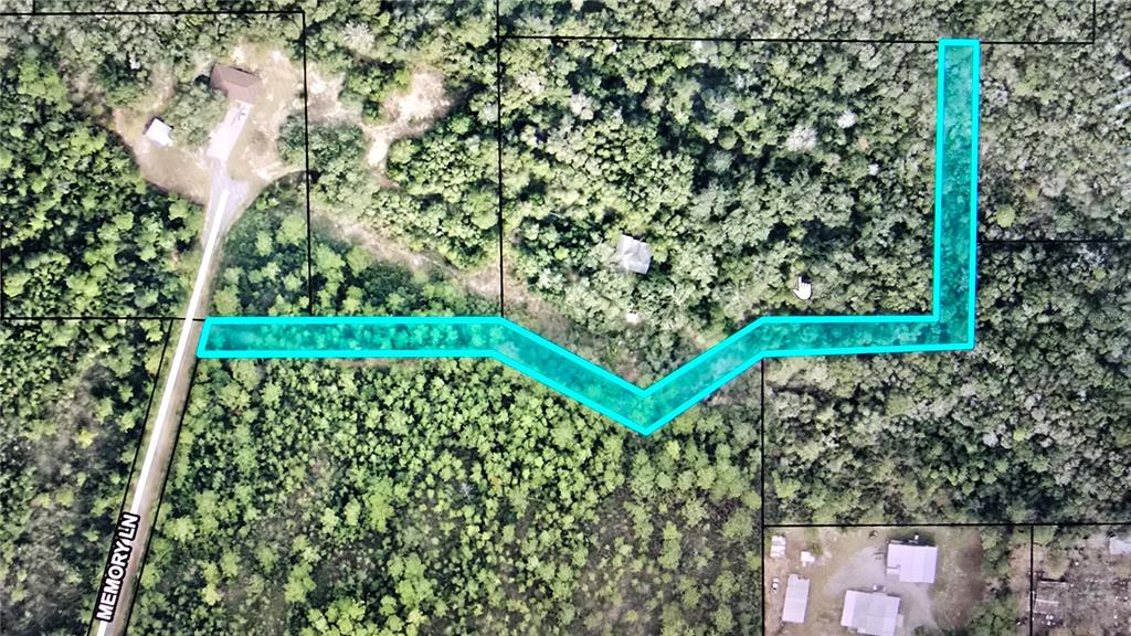 An aerial map shows a wooded parcel of land with a highlighted property boundary — 00 MEMORY LANE, MILTON, FL