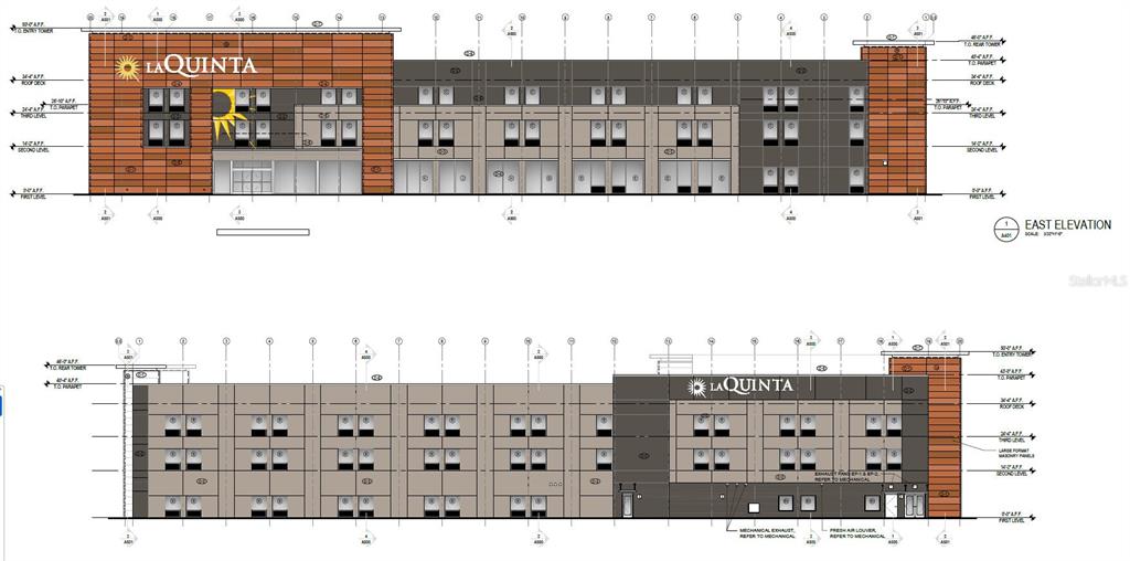 This architectural rendering displays the east and west elevations of a La Quinta hotel building — 22417 HANCOCK AVENUE, PUNTA GORDA, FL