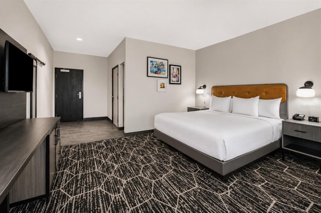 A hotel room features a king bed, patterned carpet, dark wood furniture, and wall art — 22417 HANCOCK AVENUE, PUNTA GORDA, FL
