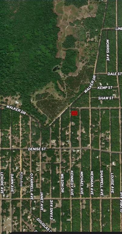 This is an aerial map showing a rectangular property lot highlighted in red — LOT 31 KENNEDY AVENUE, INTERLACHEN, FL
