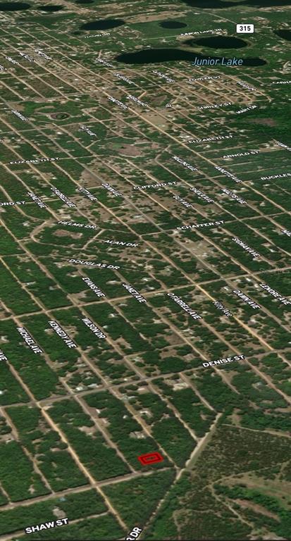 An aerial map view shows a vacant, rectangular lot highlighted in red within a wooded neighborhood — LOT 31 KENNEDY AVENUE, INTERLACHEN, FL
