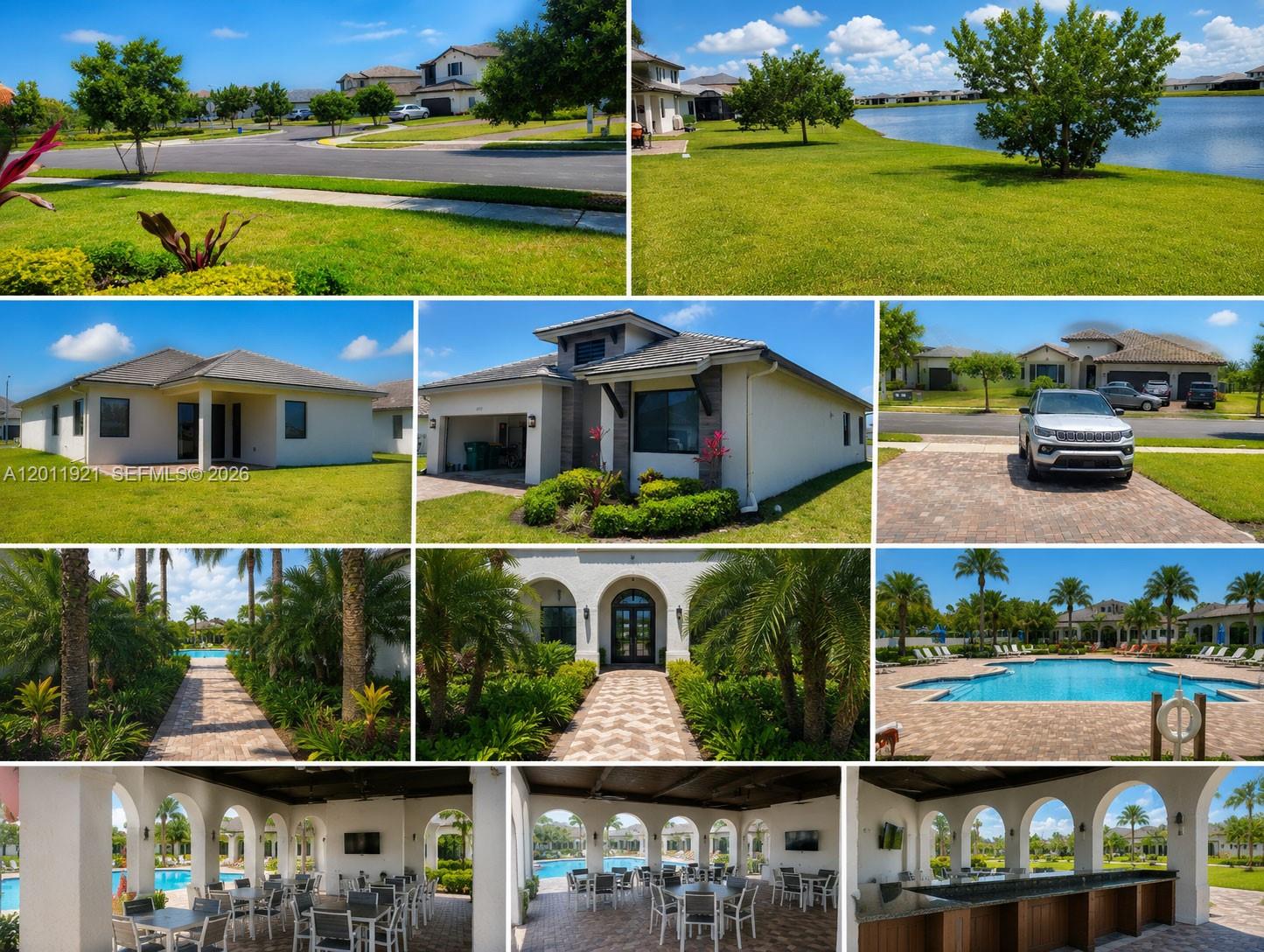 This collage shows a residential property, its surrounding neighborhood, a community pool, and a clubhouse — 4993 OFANTO LN, Ave Maria FL 34142, AVE MARIA, FL