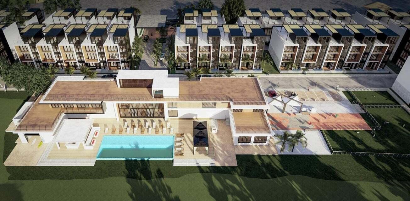 This architectural rendering shows a modern residential complex with a clubhouse, swimming pool, and townhouses — 901 S Ocean Drive, Fort Pierce FL 34949, FORT PIERCE, FL
