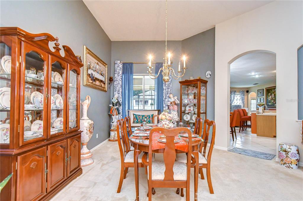 A formal dining room features a wooden table, chairs, two china cabinets, and a chandelier — 2202 LONGMORE CIRCLE, VALRICO, FL