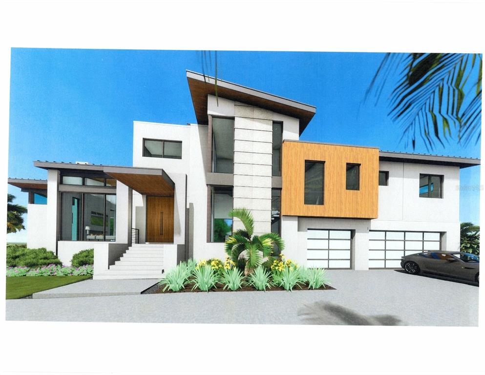 A digital rendering of a modern two-story house with a flat roof and wood accents — 5174 SANDY COVE AVENUE, SARASOTA, FL