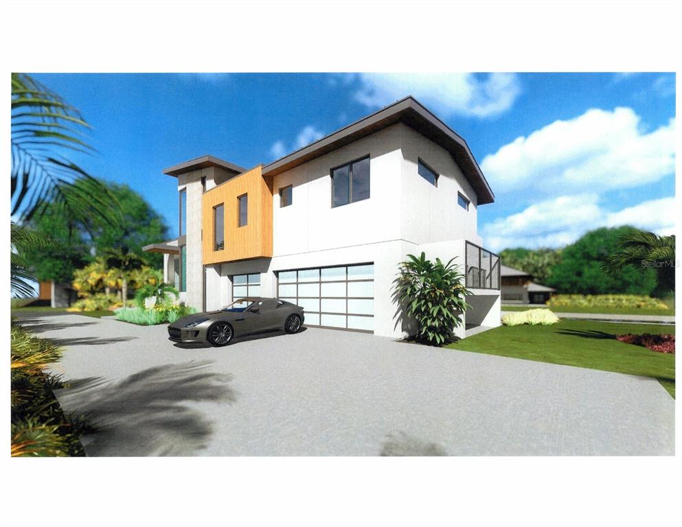 A digital rendering of a modern two-story house with a two-car garage and driveway — 5174 SANDY COVE AVENUE, SARASOTA, FL