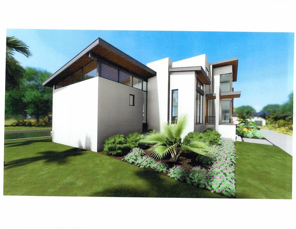 A digital rendering of a modern house exterior featuring white walls, large windows, and landscaping — 5174 SANDY COVE AVENUE, SARASOTA, FL