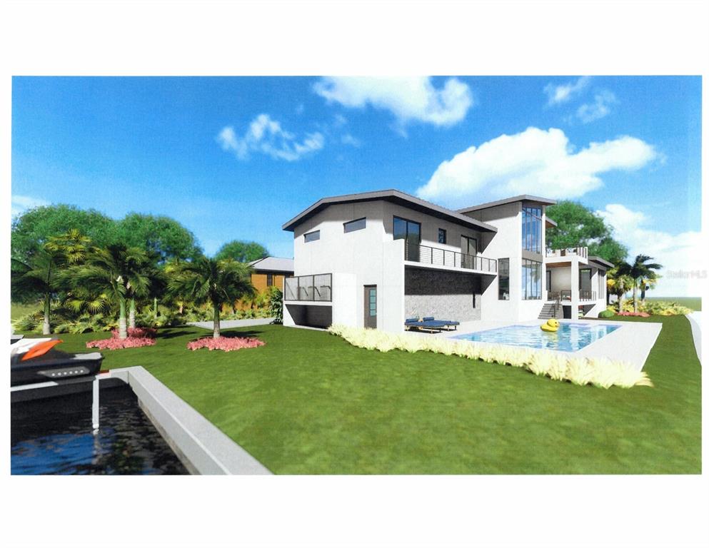 A digital rendering of a modern two-story house with a pool and a boat dock — 5174 SANDY COVE AVENUE, SARASOTA, FL
