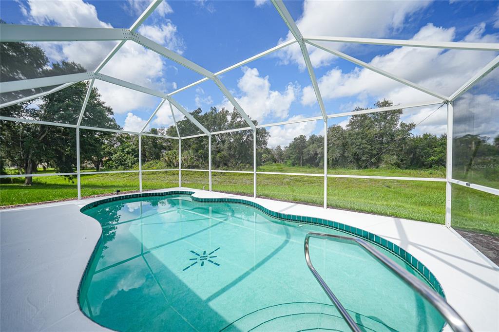A screened-in swimming pool with a white frame overlooks a grassy yard and trees — 3565 NASHVILLE ROAD, NORTH PORT, FL