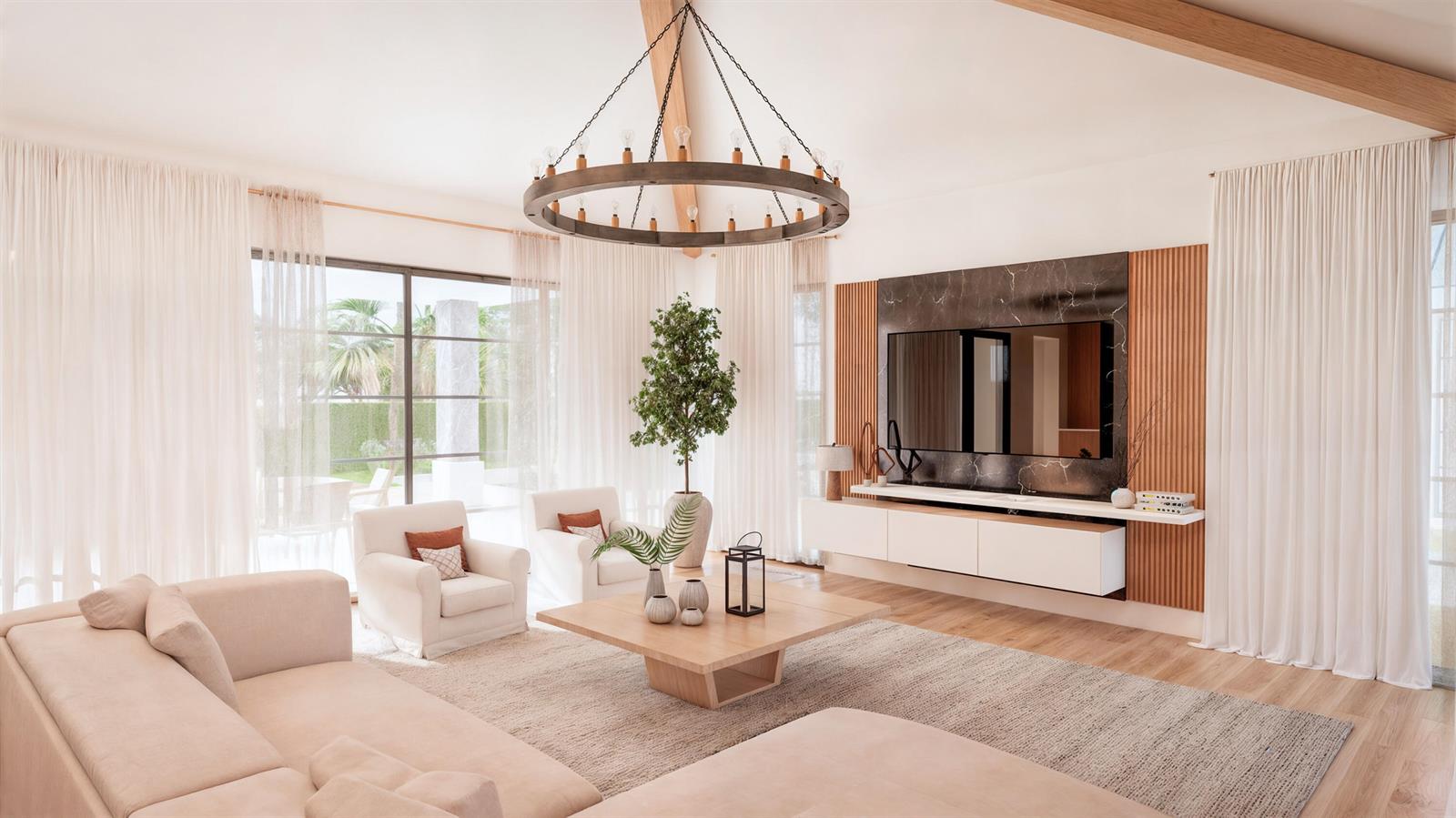 This rendering shows a modern living room with a large chandelier, marble TV wall, and furniture — 1240 Aryana Way, Delray Beach FL 33445, DELRAY BEACH, FL