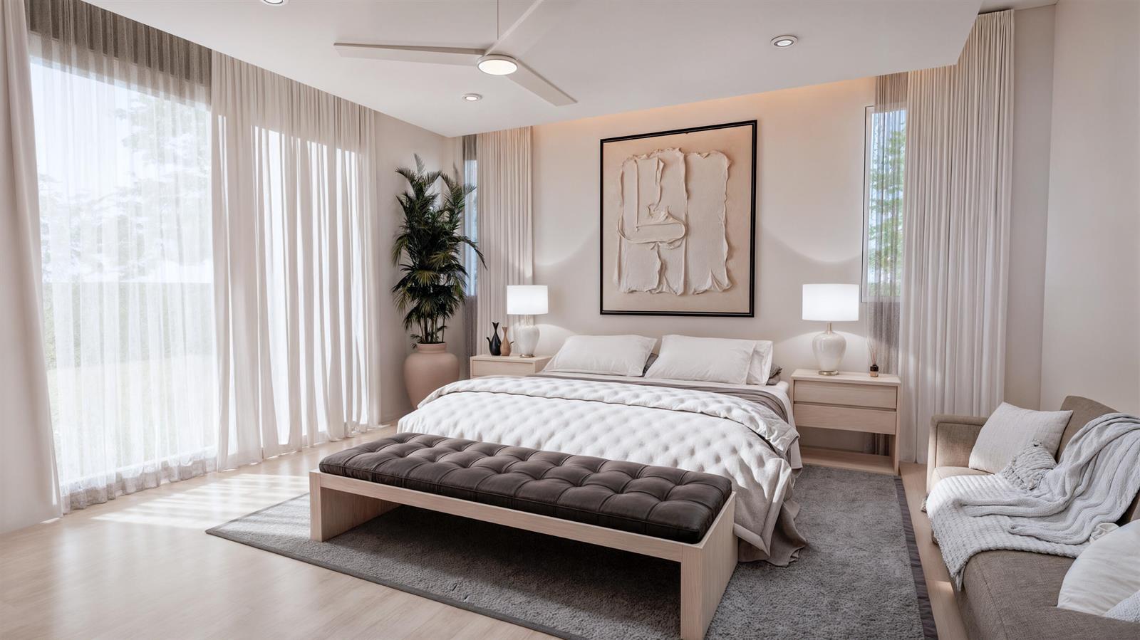 This is a rendering of a modern bedroom featuring a bed, bench, and seating area — 1240 Aryana Way, Delray Beach FL 33445, DELRAY BEACH, FL