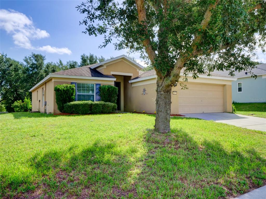 A single-story house with a tan exterior, a two-car garage, and a large front tree — 2972 SANTA MARIA AVENUE, CLERMONT, FL