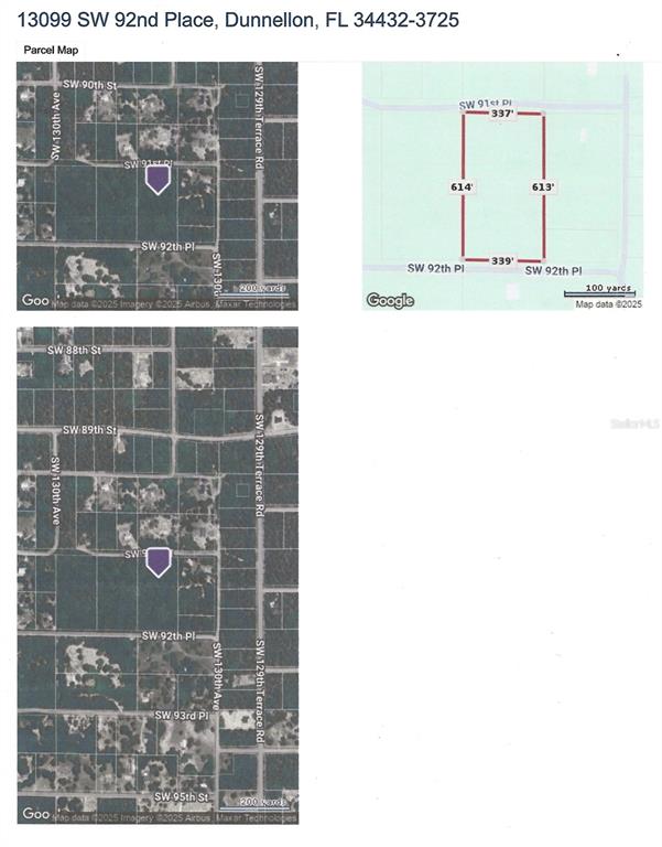 This image shows a parcel map and aerial views of a plot of land — 13099 SW 92ND PLACE, DUNNELLON, FL
