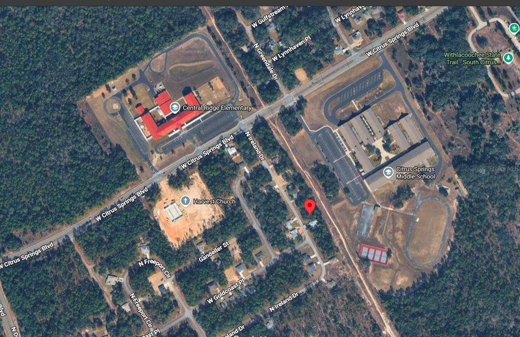 This is an aerial map view showing two schools, a church, and residential streets — 7409 N IRELAND DRIVE, CITRUS SPRINGS, FL