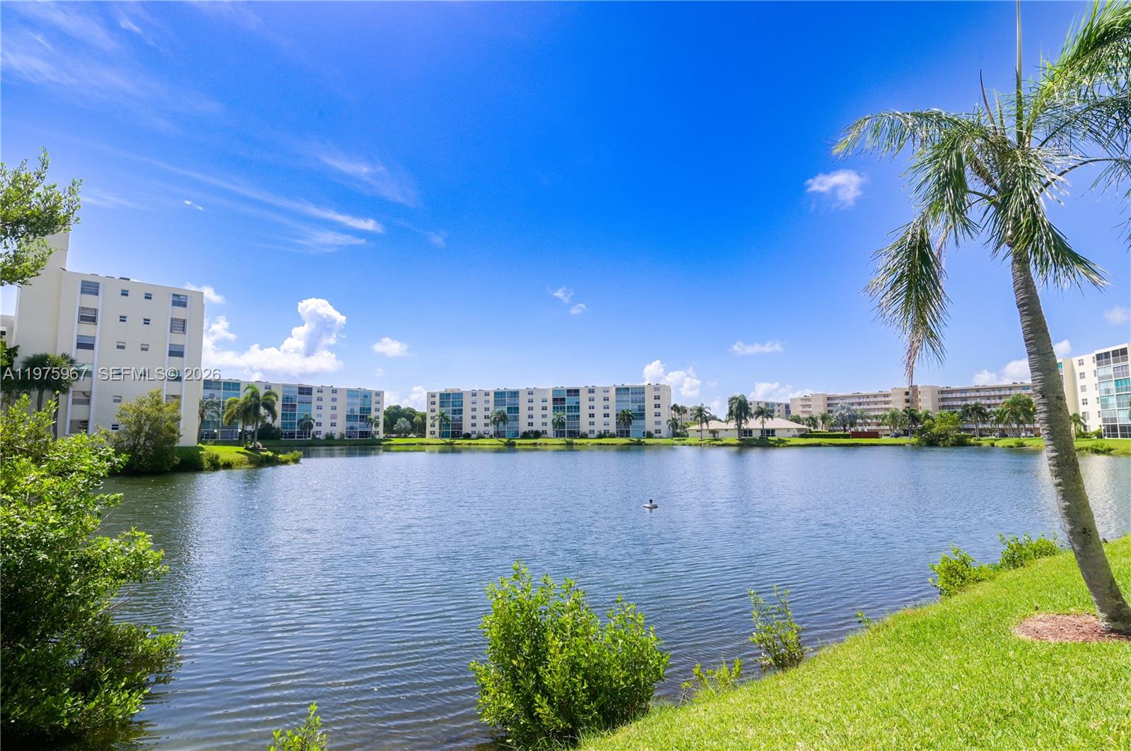 A lake sits in front of several multi-story apartment buildings under a clear blue sky — 101 SE 3rd Ave # 401, Dania Beach FL 33004, DANIA BEACH, FL