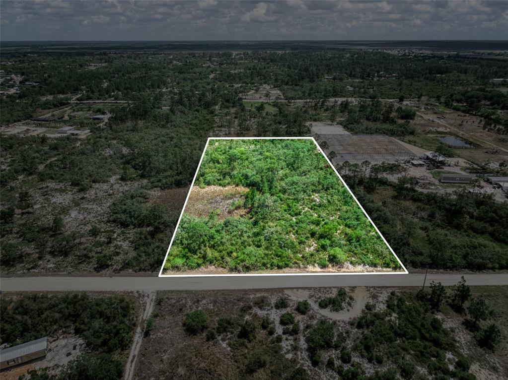 An aerial view shows a rectangular, wooded plot of land bordered by a dirt road — 125 POLK STREET, LAKE PLACID, FL