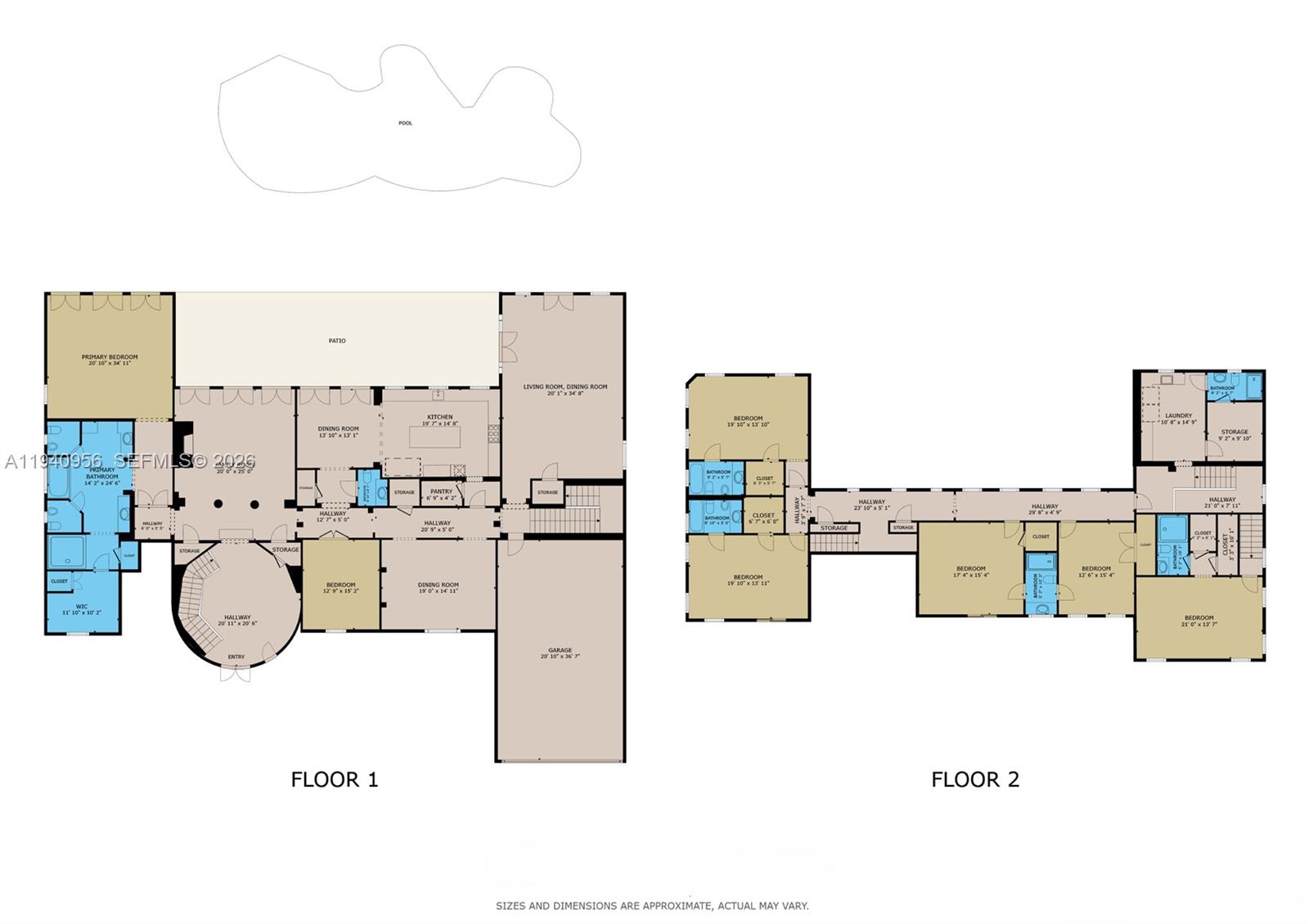 This is a two-story floor plan showing multiple bedrooms, bathrooms, a pool, and a garage — 7538 SW 64th St, Miami FL 33143, MIAMI, FL