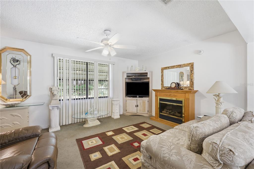 A living room features a fireplace, a television on a corner stand, and a ceiling fan — 44144 DOLLYS WAY, DELAND, FL
