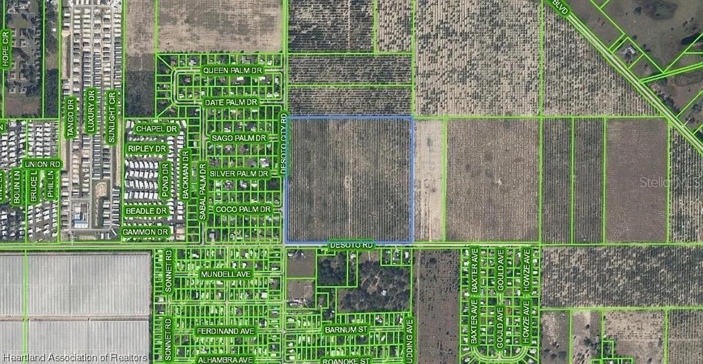 This is an aerial map showing a large rectangular plot of land outlined in blue — 3050 DESOTO CITY ROAD, SEBRING, FL