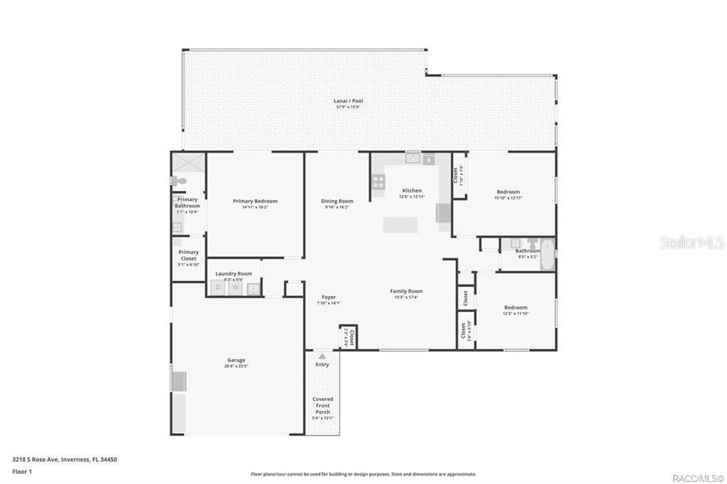 This is a floor plan of a single-story house with three bedrooms and a pool — 3218 S ROSE AVENUE, INVERNESS, FL