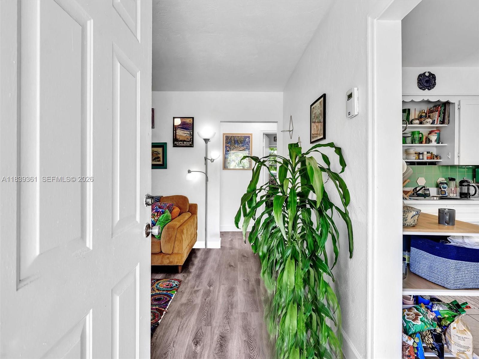 A view through a doorway shows a living area with a plant and kitchen shelving — 3210 E Elizabeth St, Miami FL 33133, MIAMI, FL