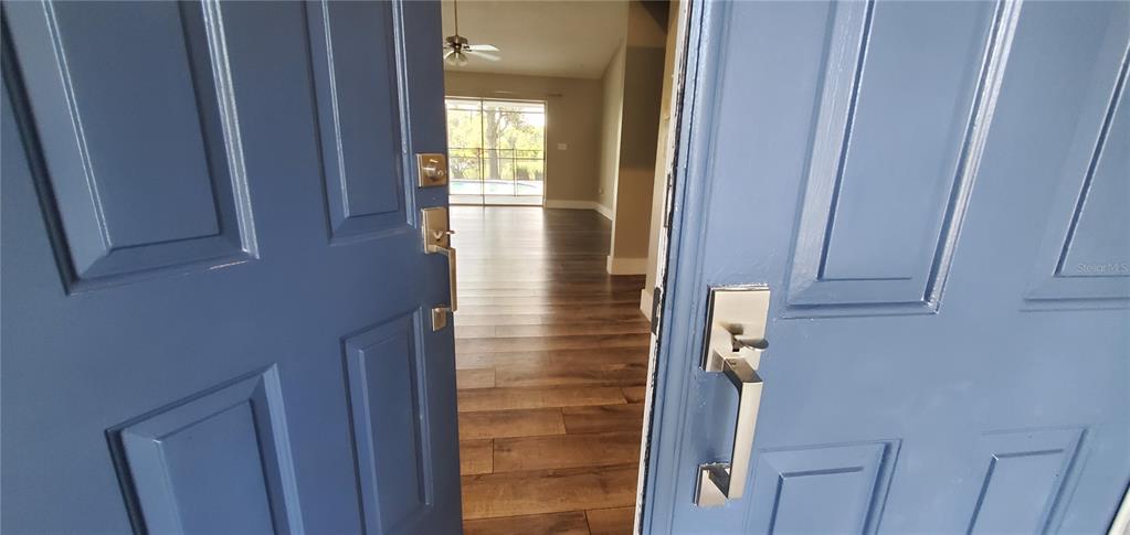 A view through an open blue door into a room with wood-look flooring — 11608 WELLMAN DRIVE, RIVERVIEW, FL