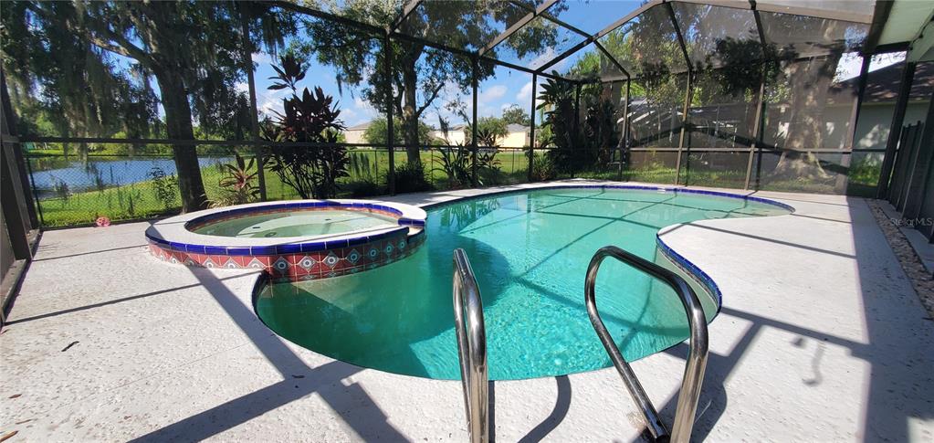 A screened-in swimming pool and attached hot tub overlook a pond and trees — 11608 WELLMAN DRIVE, RIVERVIEW, FL