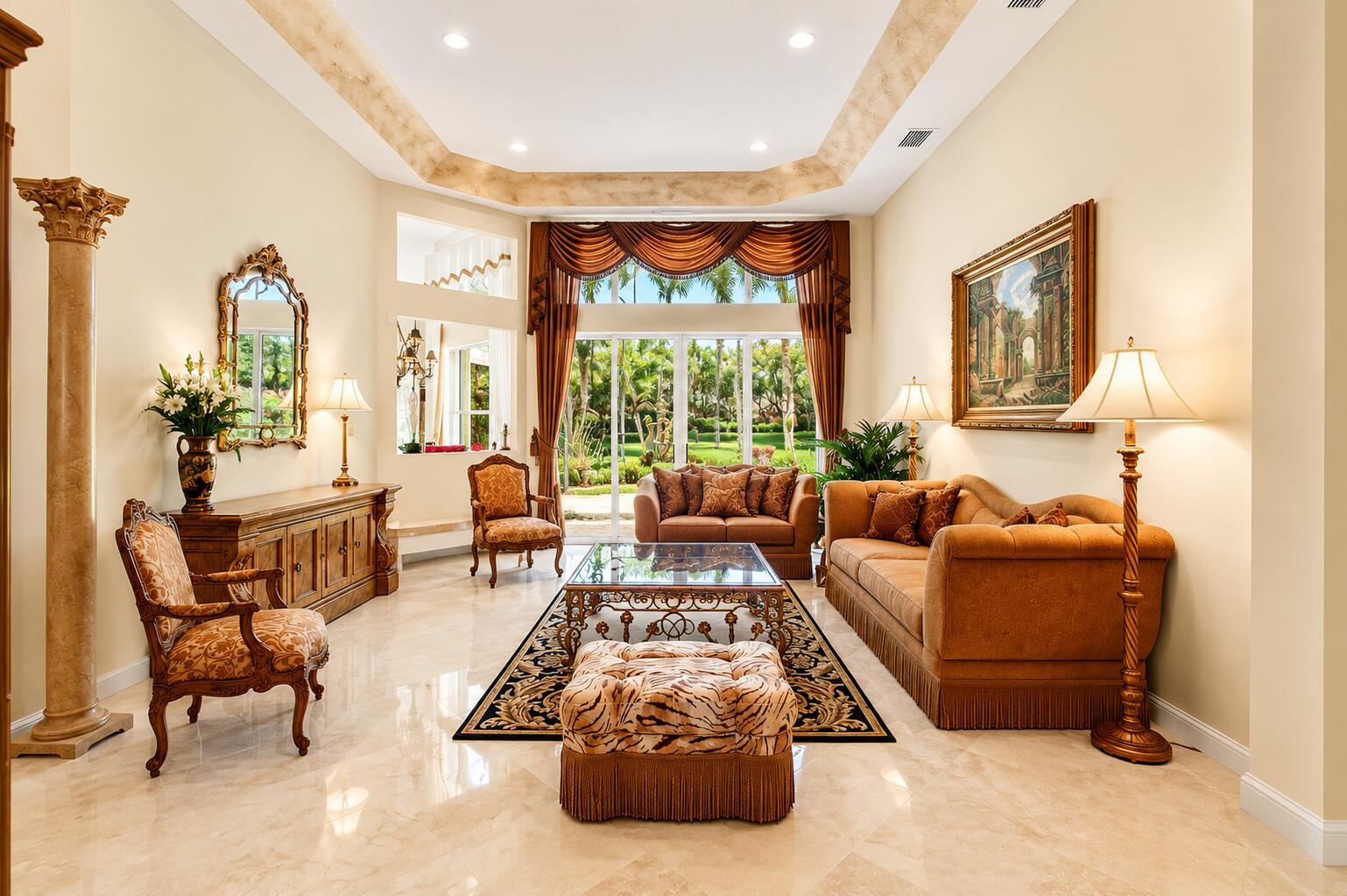 A formal living room features a tray ceiling, tile floors, and a view of palm trees — 6850 Fiji Circle, Boynton Beach FL 33437, BOYNTON BEACH, FL