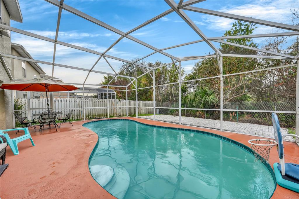 A swimming pool with a basketball hoop sits inside a screened-in patio enclosure — 13230 MEADOWFIELD DR, ORLANDO, FL