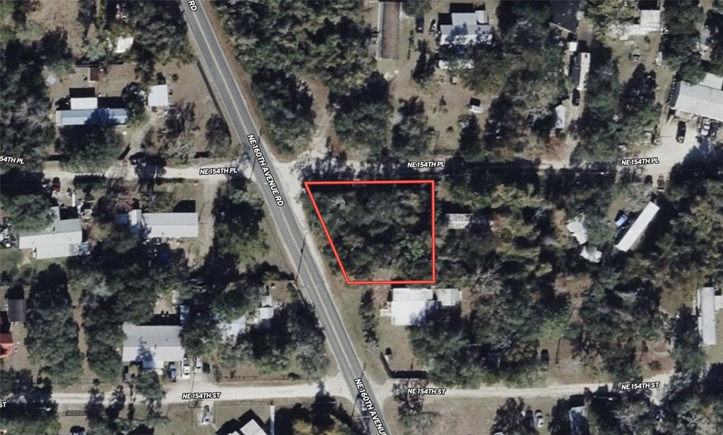 An aerial view shows a vacant, wooded lot outlined in red next to a paved road — NE 154TH PLACE, FORT MC COY, FL