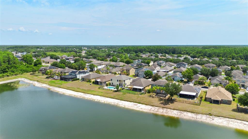 An aerial view shows a row of suburban houses situated along the edge of a lake — 5521 SHASTA DAISY PLACE, LAND O LAKES, FL