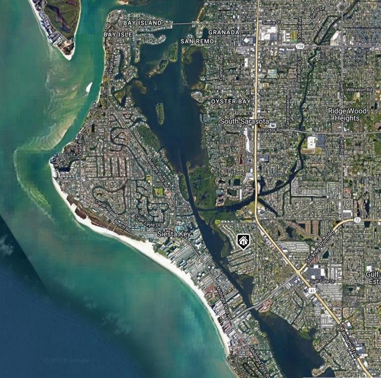 This is a satellite map view of Siesta Key and the surrounding Sarasota coastal area — 1723 STANFORD LANE, SARASOTA, FL