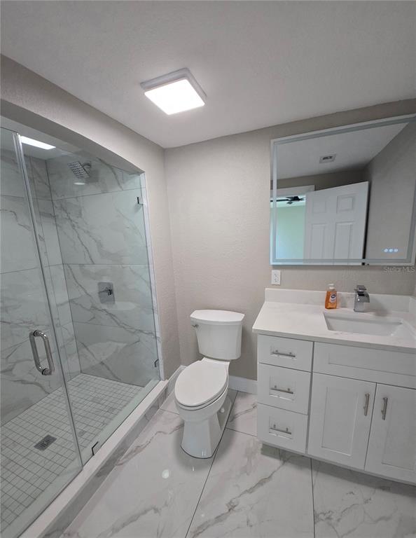 A bathroom features a glass-enclosed marble shower, a white vanity, and a toilet — 37406 VISTA DRIVE, DADE CITY, FL