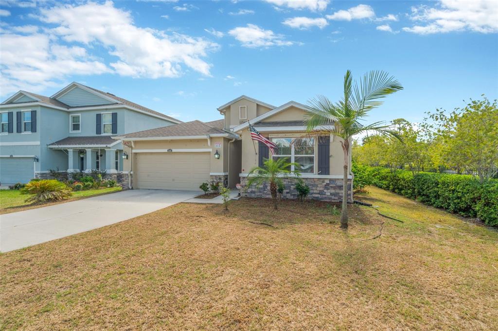 A single-story suburban house with a tan exterior, stone accents, and a palm tree — 12542 CANDLEBERRY CIRCLE, TAMPA, FL
