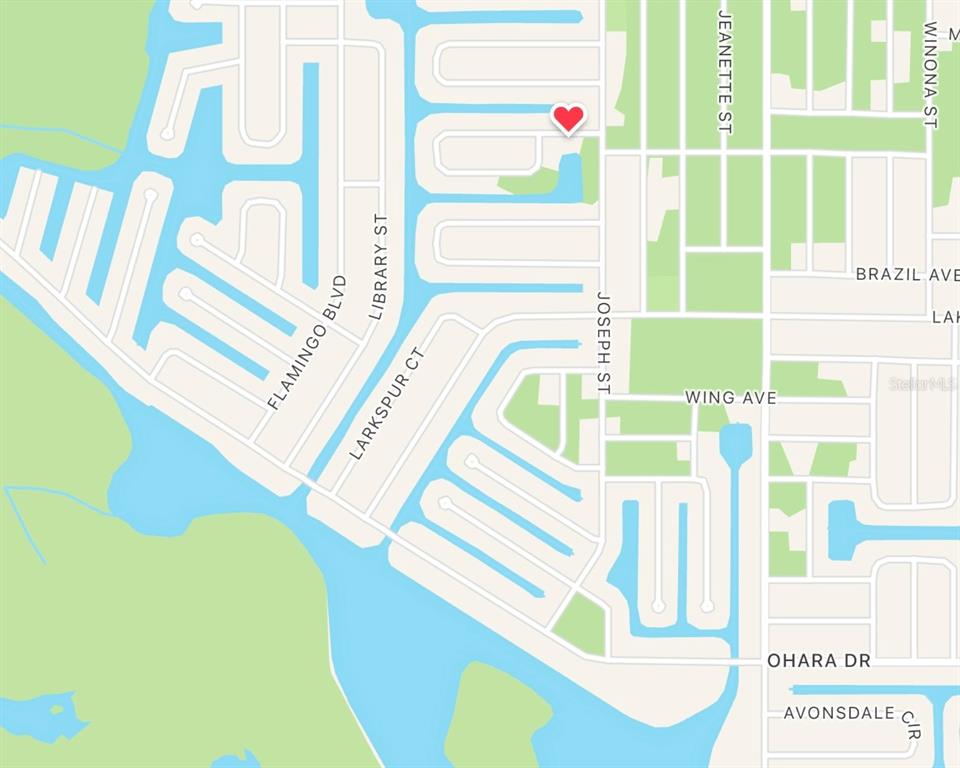This is a map showing residential streets and waterways in a neighborhood — 17404 PHEASANT CIRCLE, PORT CHARLOTTE, FL