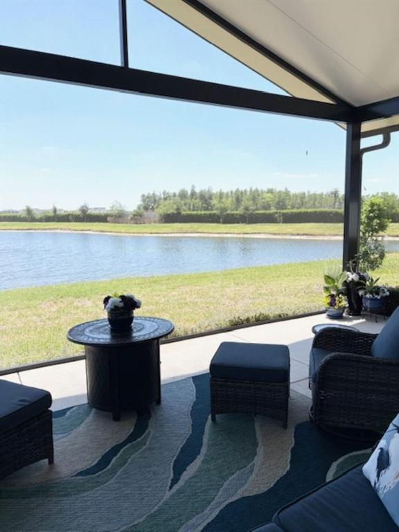 A screened-in patio overlooks a lake with a grassy bank and a line of trees — 18498 COASTAL SHORE TERRACE, LAND O LAKES, FL