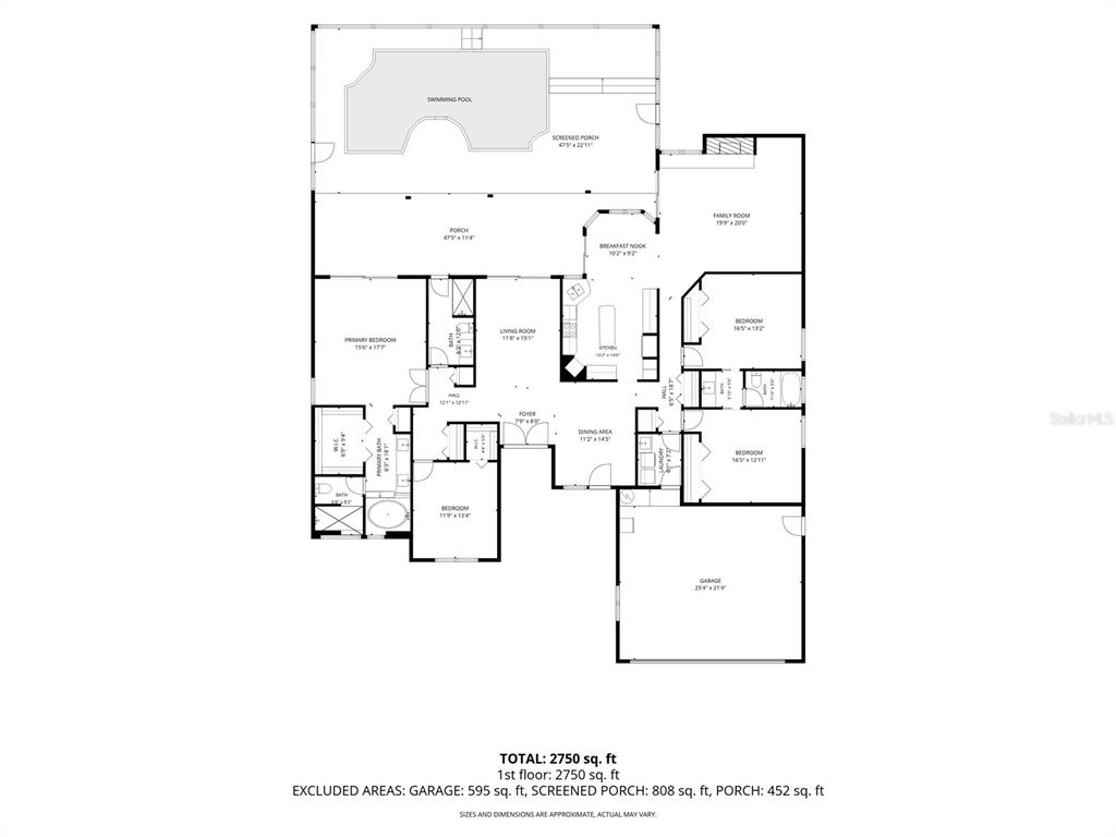 This is a floor plan of a single-story house featuring a swimming pool and garage — 1056 ENISWOOD PKWY, PALM HARBOR, FL