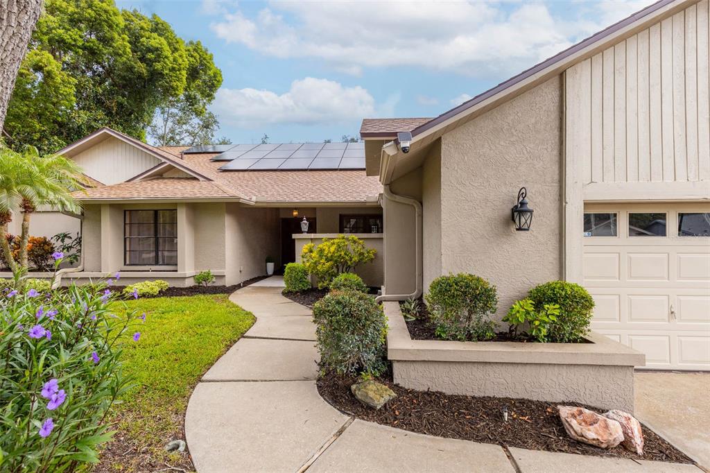 A beige single-story house exterior features a concrete walkway, solar panels, and a garage — 1056 ENISWOOD PKWY, PALM HARBOR, FL