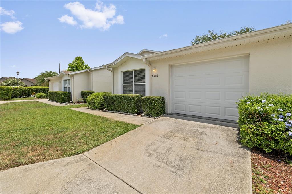 A single-story house exterior features a white garage door, a concrete driveway, and manicured hedges — 8407 TERRACE MEADOWS COURT UNIT N/A, TAMPA, FL
