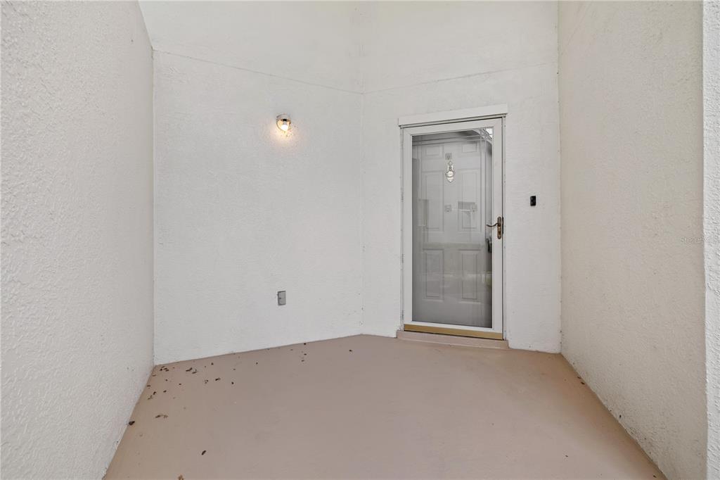 A small, covered entryway features white stucco walls, a light fixture, and a glass storm door — 8407 TERRACE MEADOWS COURT UNIT N/A, TAMPA, FL