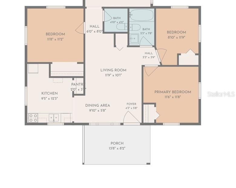 This is a floor plan showing a three-bedroom, two-bathroom home with a kitchen and porch — 2706 E ANNIE STREET, TAMPA, FL