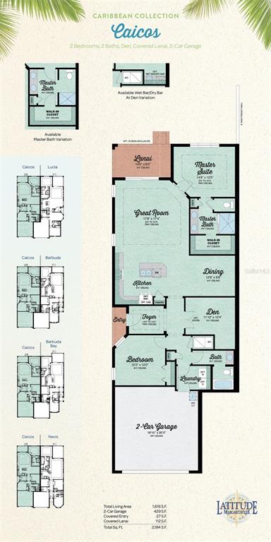 This floor plan shows the layout of a two-bedroom, two-bath home with a two-car garage — 544 LOST SHAKER WAY, DAYTONA BEACH, FL