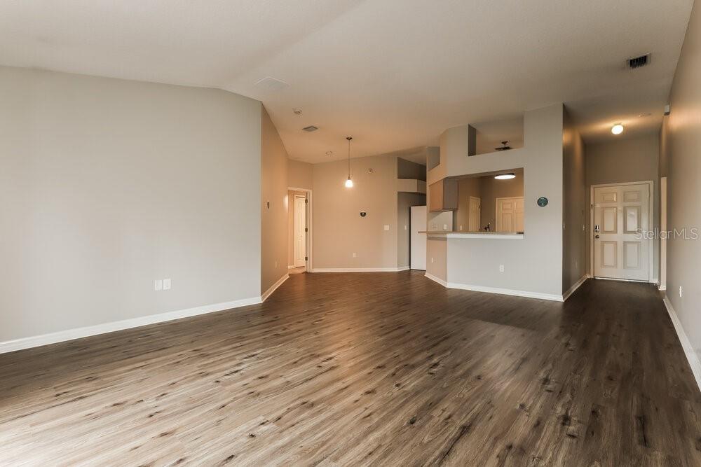 An open-concept living area features light gray walls, wood-look flooring, and a kitchen pass-through window — 6415 BUCKHEAD COURT, WESLEY CHAPEL, FL
